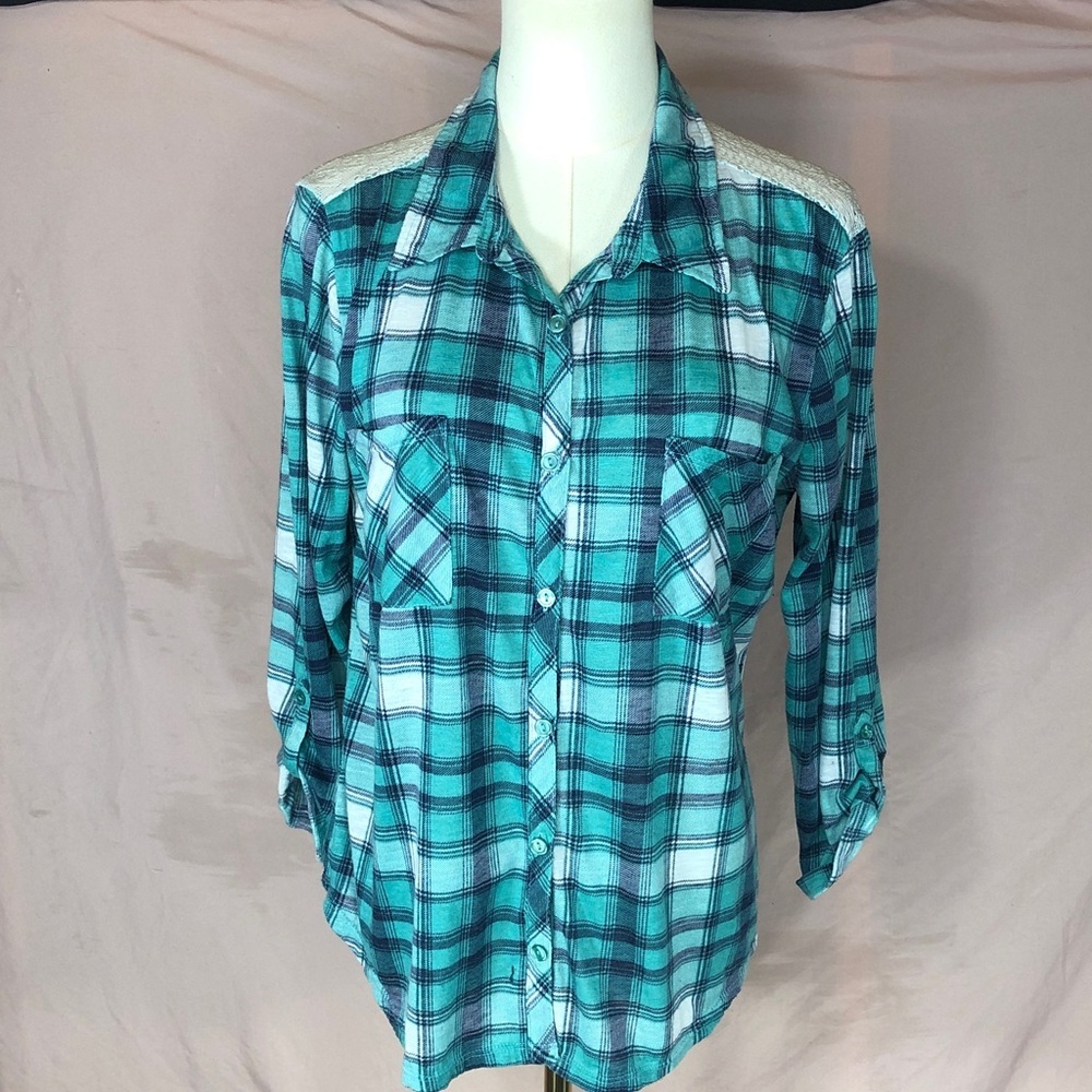 Size Small XS Teal Plaid Button-Down Shirt with Open Lace Back Country